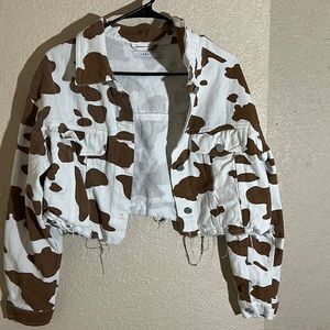 Cow print crop denim jacket